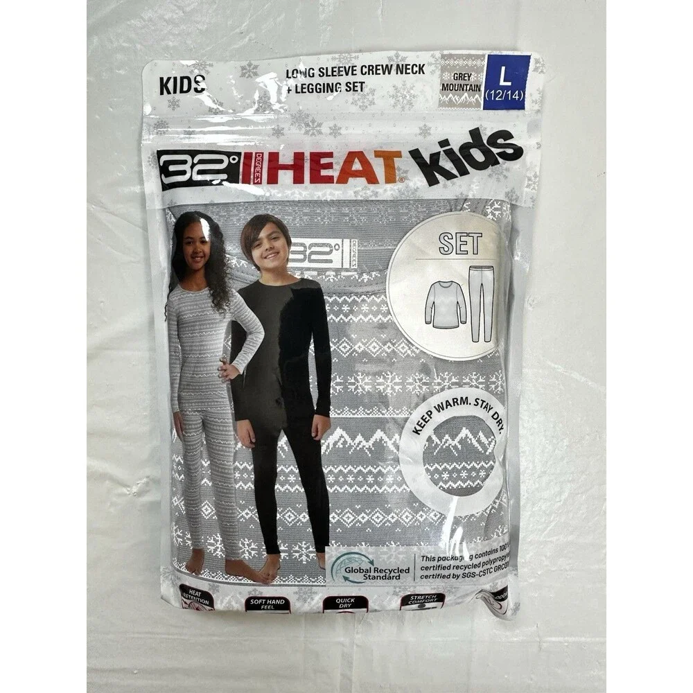 32 Degrees Heat Kids Baselayer Long Sleeve Crew Neck & Legging Set, Gray L 12/14